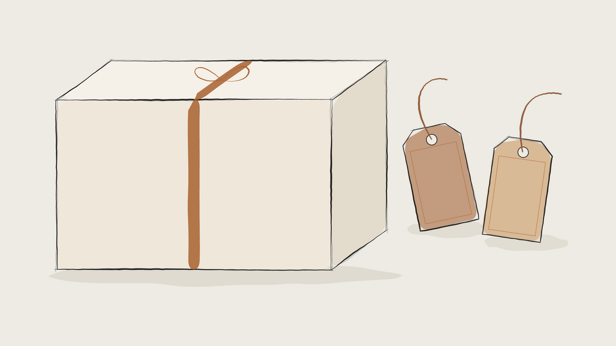 Ink sketch of a ribboned gift box with two leather tags