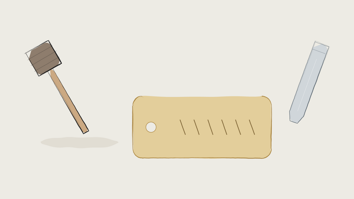 Ink sketch of a hand-stamped brass tag with a letter punch and mallet