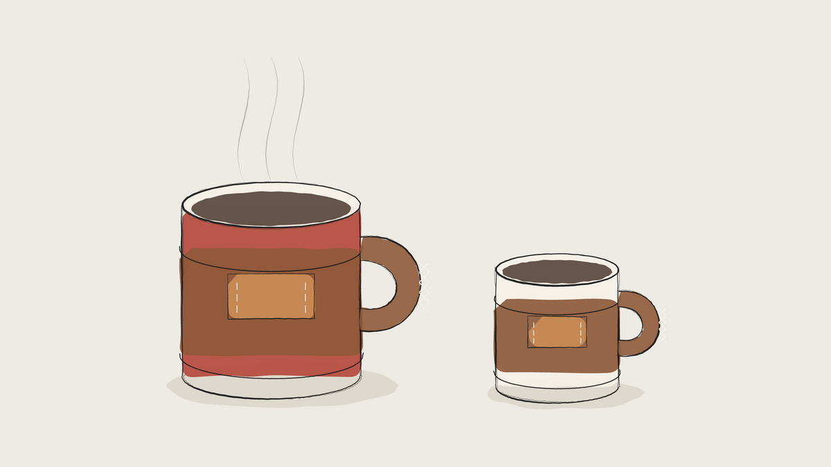 Ink sketch of two enamel camp mugs with stitched leather sleeves, one steaming
