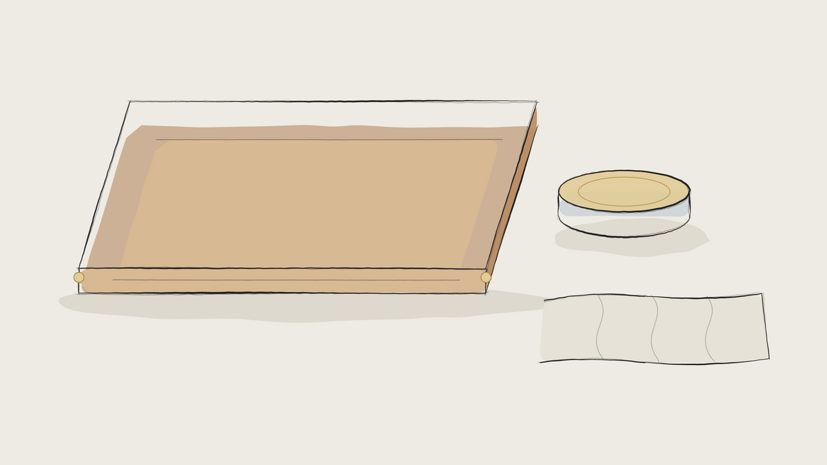 Ink sketch of a leather valet tray with a tin of balm and a cloth