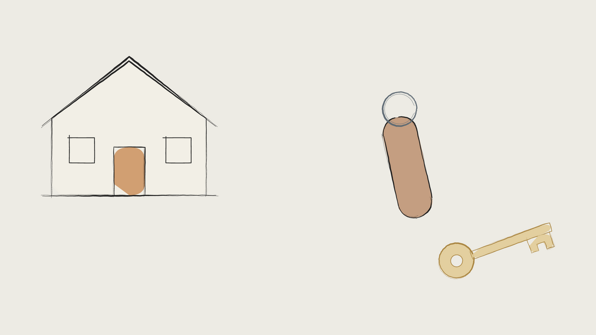Ink sketch of a house, a leather key fob and a brass key