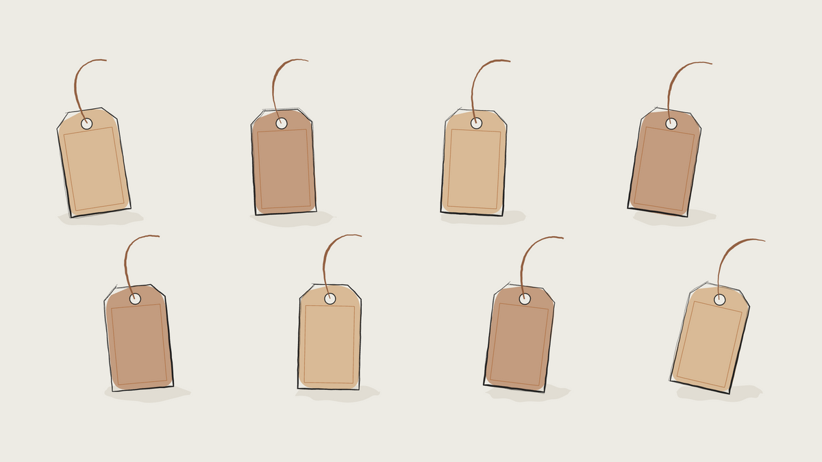 Ink sketch of rows of leather luggage tags ready for a booth