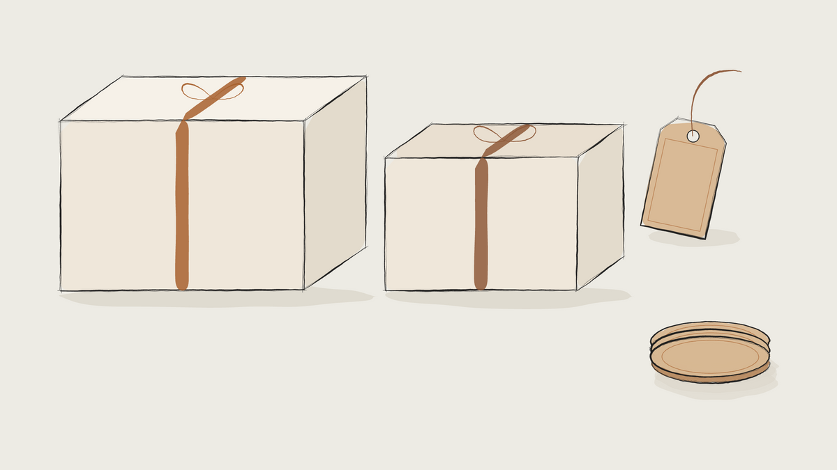 Ink sketch of gift boxes with ribbon, a leather tag and stacked coasters