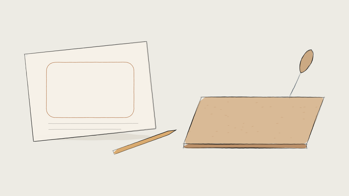 Ink sketch of a paper pattern, pencil, leather panel and awl