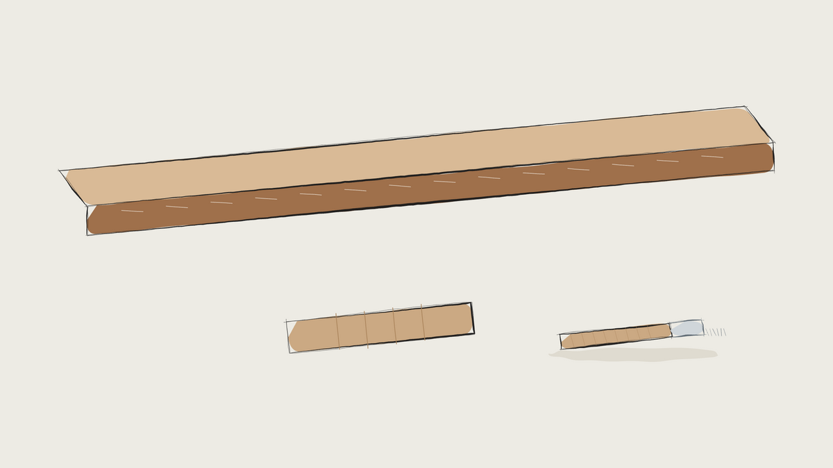 Ink sketch of a thick leather strap edge with a wooden burnishing slicker