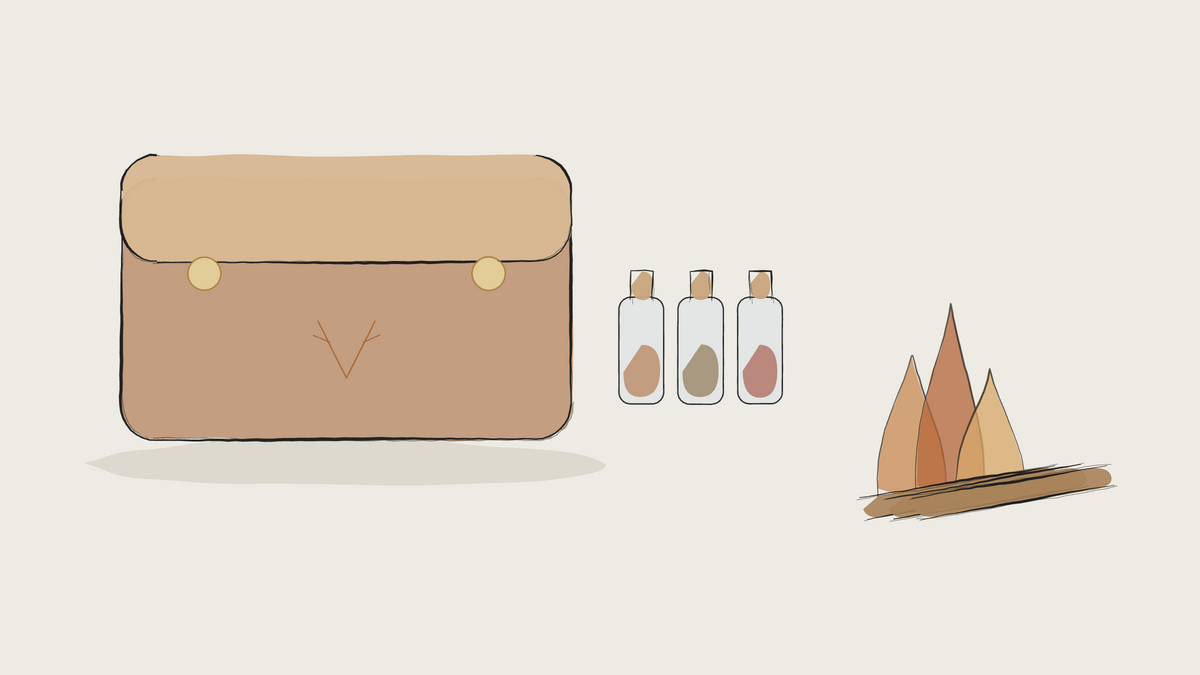Ink sketch of a leather spice field kit with glass vials beside a small campfire