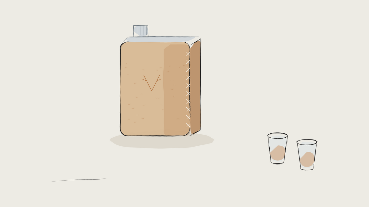 Ink sketch of a leather-wrapped hip flask with two small cups