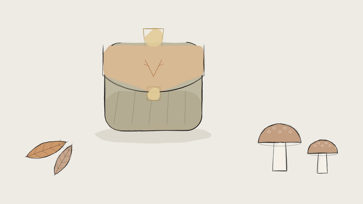 Ink sketch of a waxed canvas and leather foraging pouch with mushrooms and leaves
