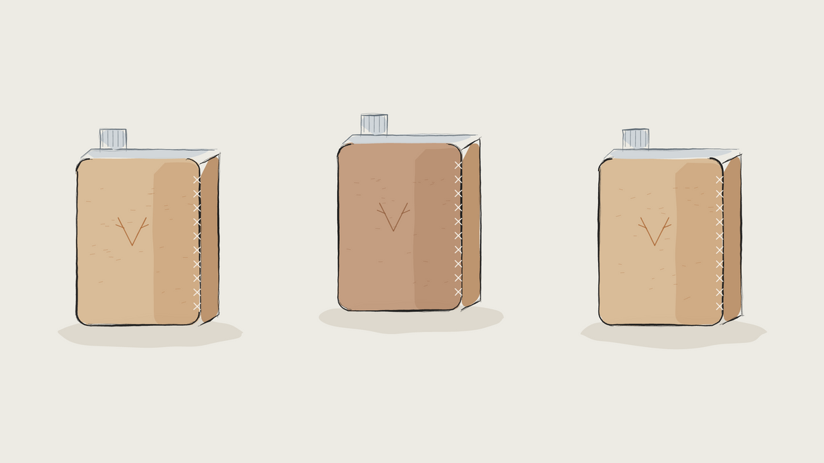 Ink sketch of three leather-wrapped hip flasks in a row
