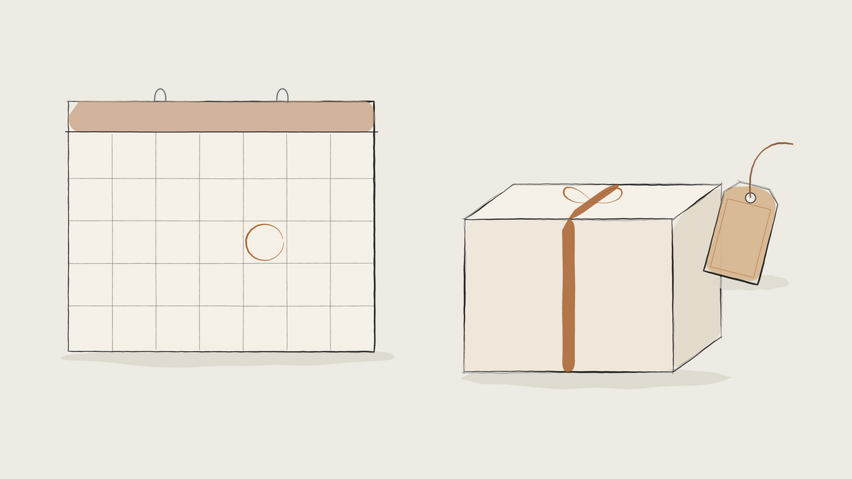 Ink sketch of a calendar with one date circled, a gift box and a leather tag