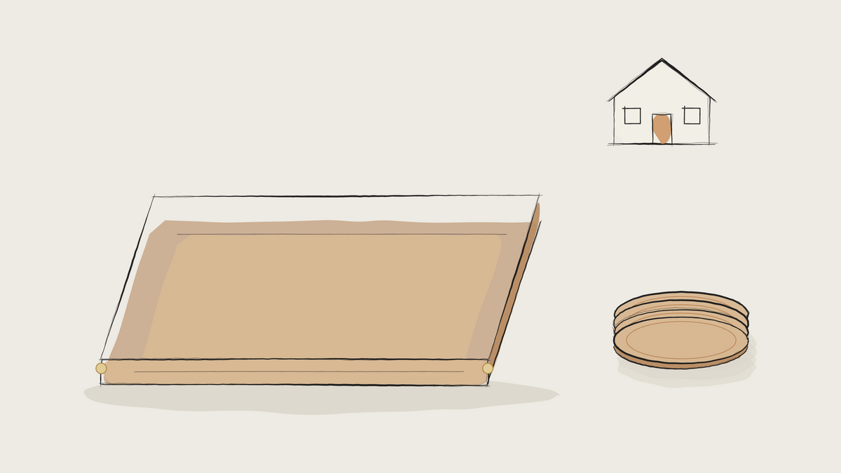 Ink sketch of a leather valet tray, a stack of coasters and a small house