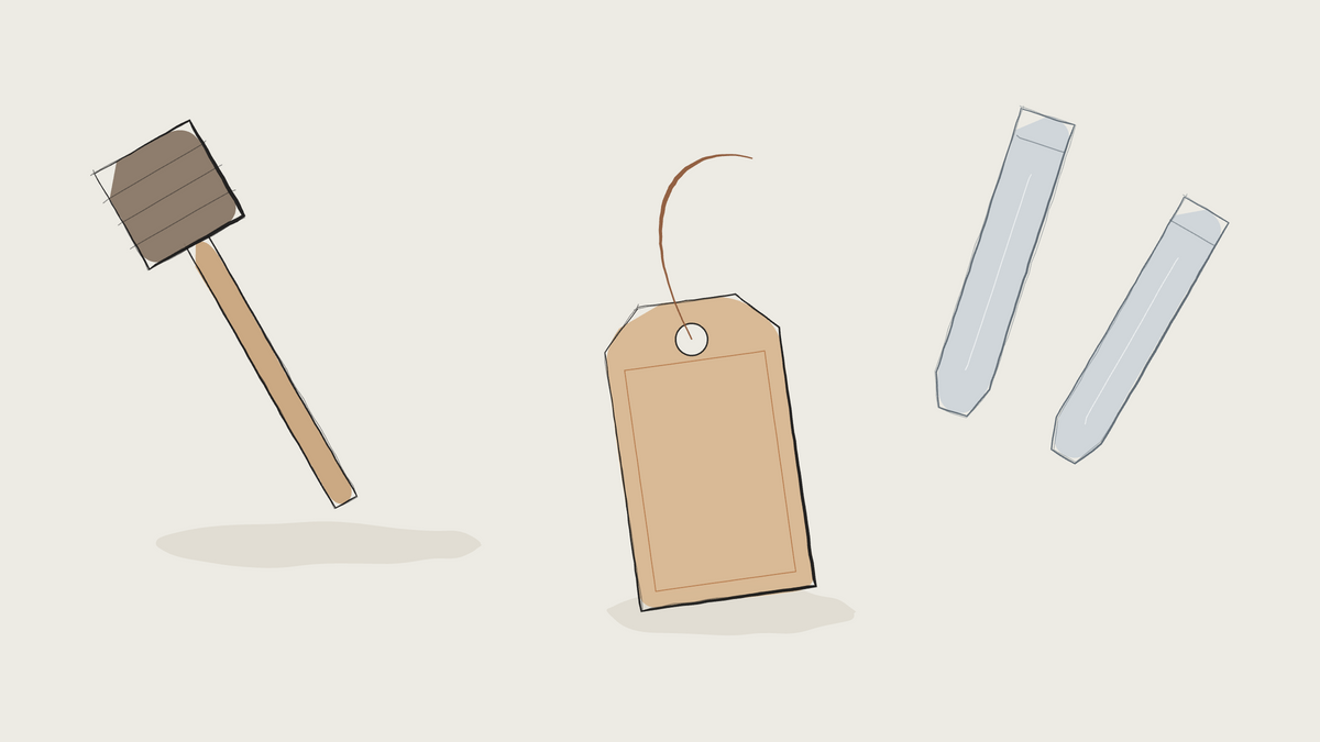 Ink sketch of a leather tag with letter stamps and a mallet