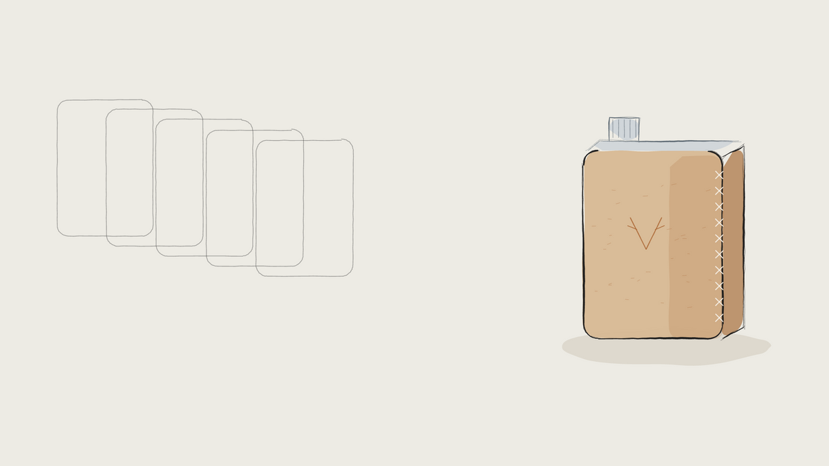 Ink sketch of one leather hip flask beside faint outlines of five others