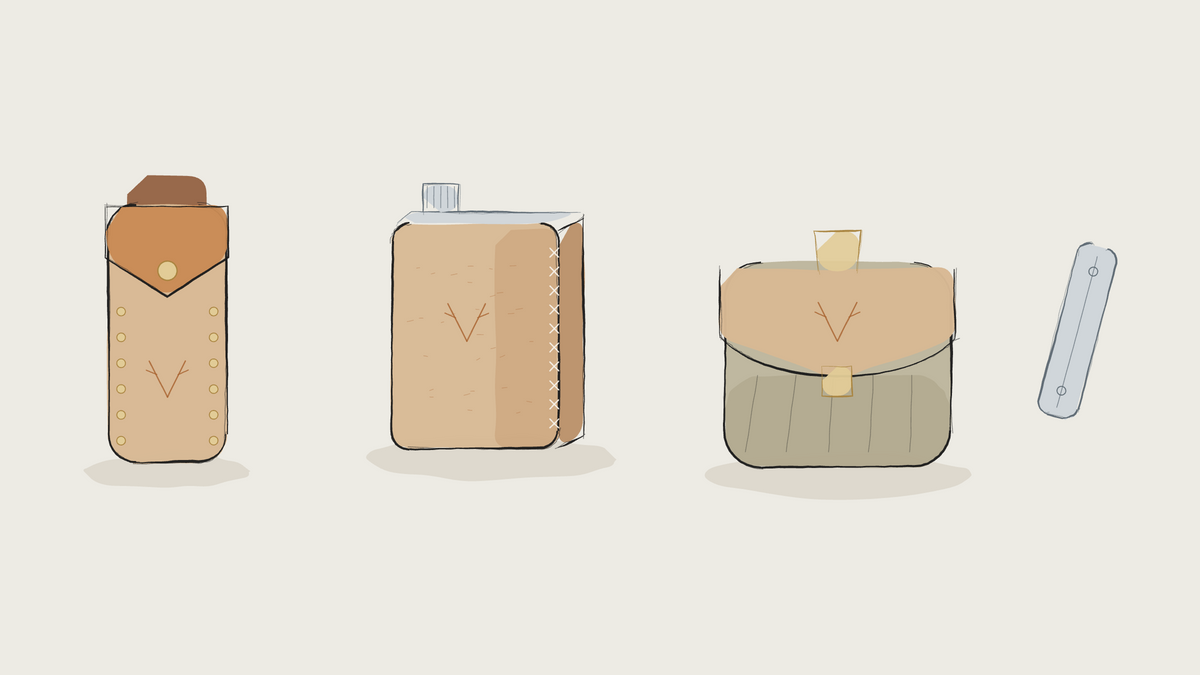 Ink sketch of a leather sheath, hip flask, foraging pouch and multi-tool