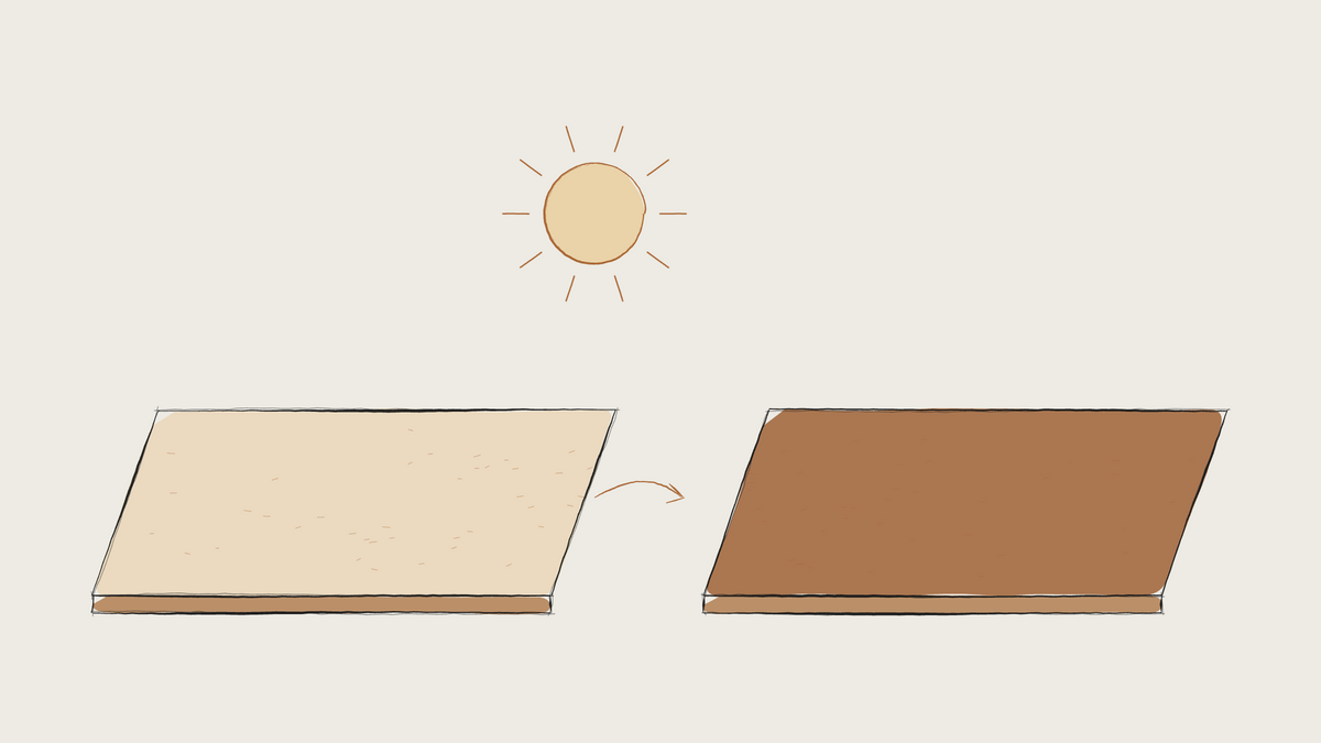 Ink sketch of a pale new leather piece beside a darkened aged piece under the sun