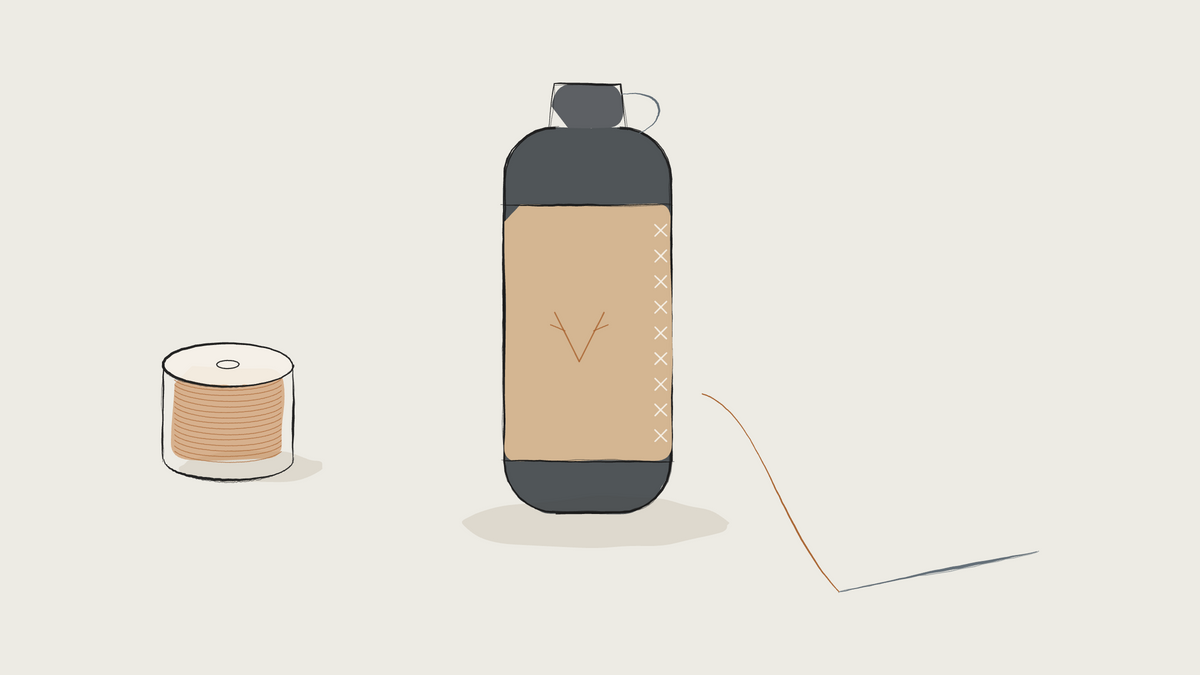 Ink sketch of a Stanley flask wrapped in stitched leather, with a thread spool and needle