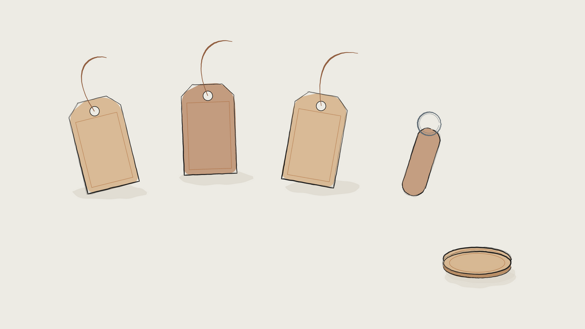 Ink sketch of leather luggage tags, a key fob and coasters