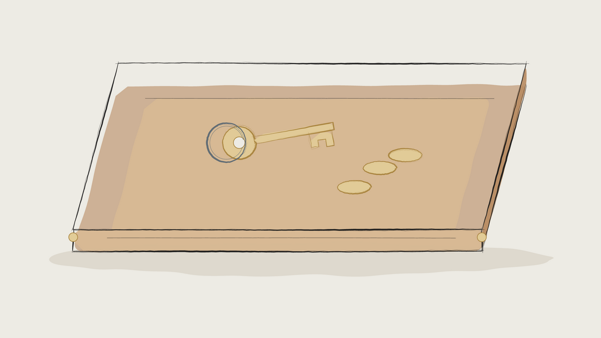 Ink sketch of a leather valet tray holding keys and coins