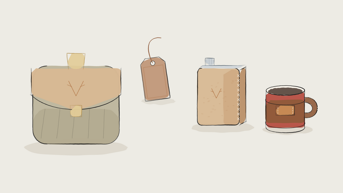 Ink sketch of a weekend kit: pouch, luggage tag, hip flask and camp mug