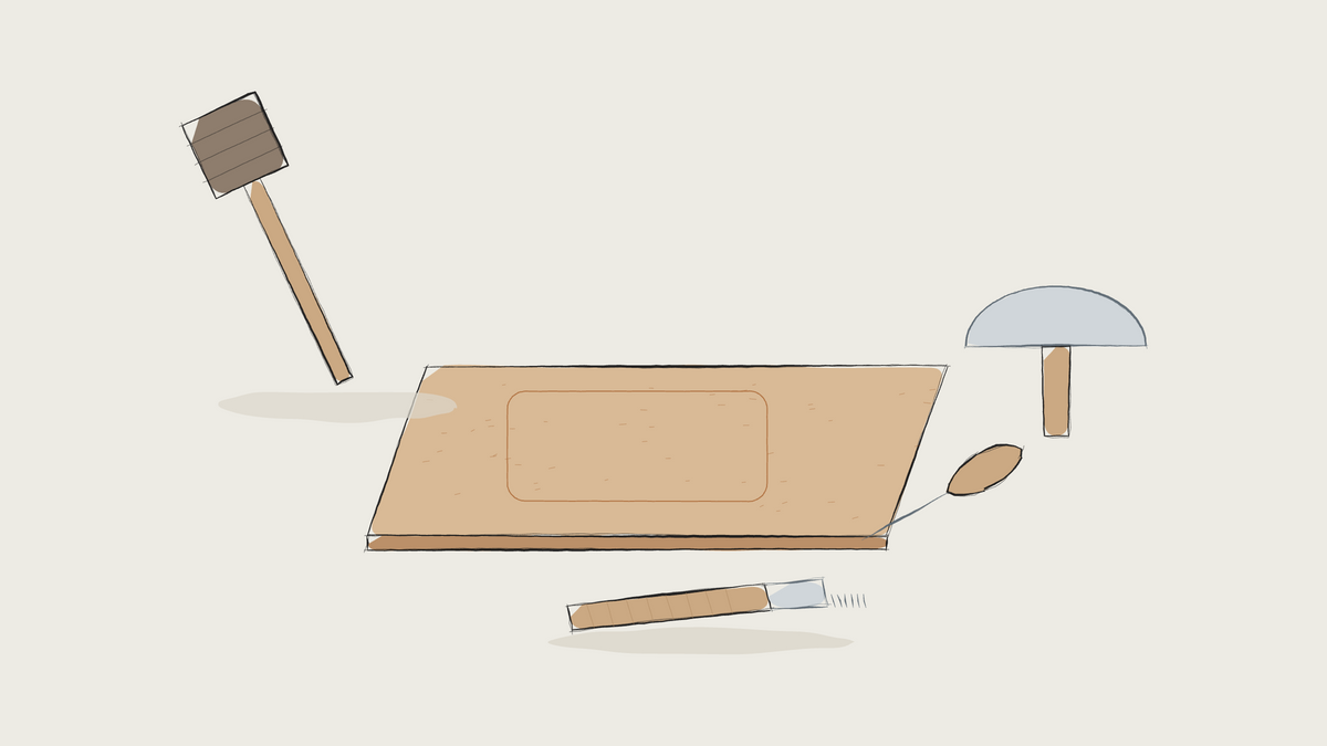 Ink sketch of a leather workshop bench: leather panel, mallet, round knife, awl and pricking iron