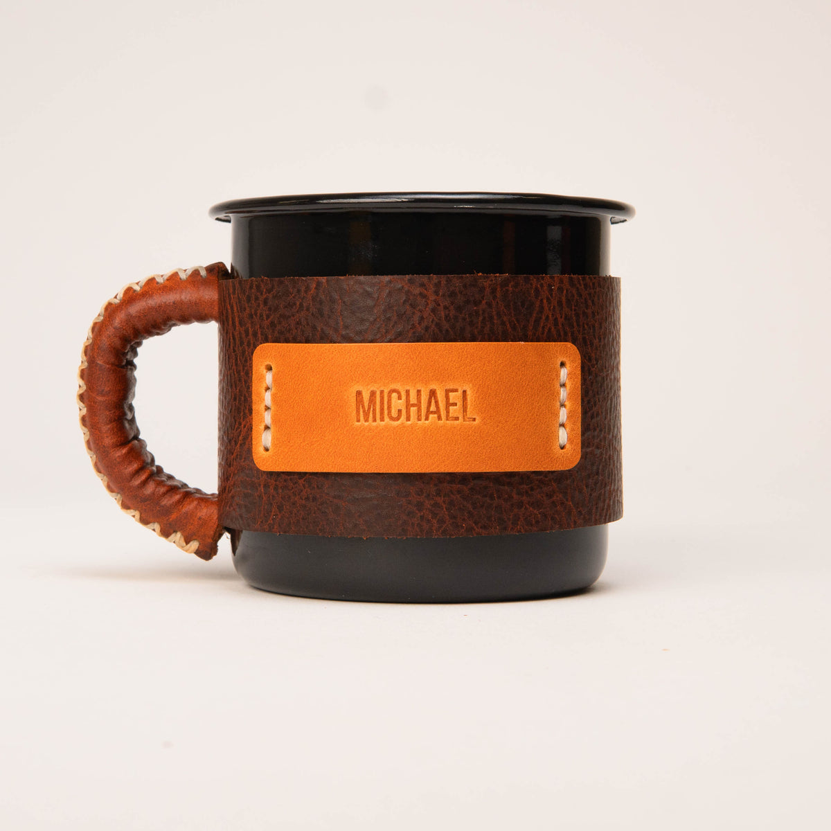 MUSS personalized enamel camp mug with hand-stitched leather sleeve (photo 7)